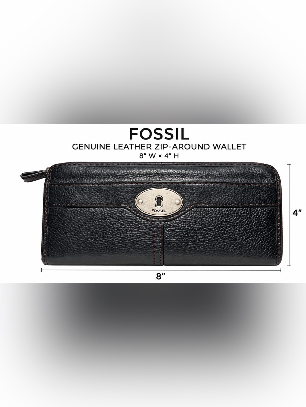 Fossil Black Genuine Leather Zip Around Wallet Keyhole Logo Organizer 8x4 - Picture 1 of 10